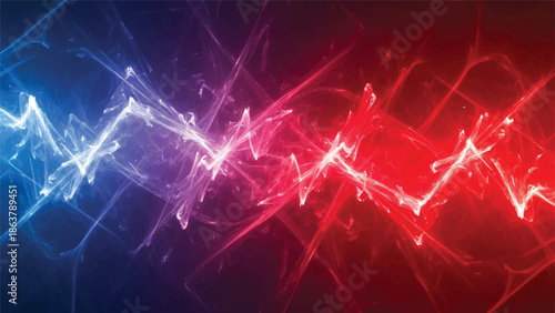 Vibrant abstract digital art with glowing red and blue lines on dark background