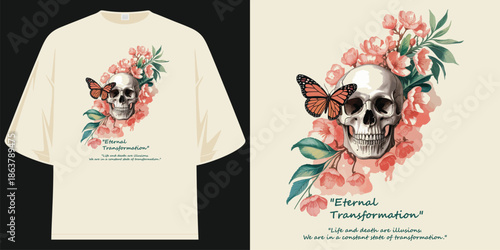 eternal transformation a vintage skull with flowers and butterfly graphic apparel t shirt design vector illustration artwork
