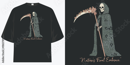 nature's final embrace grim reaper floral garden gothic graphic apparel t shirt design vector illustration artwork t shirt design vector illustration artwork
