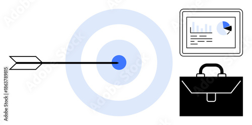 Goal achievement, business strategy, analytics, target setting, data tracking, success planning. Arrow hitting a bullseye, chart visualization briefcase. Goal achievement and business strategy
