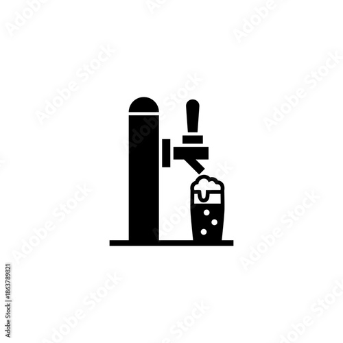 Beer tap dispenser and beer glass icon. Simple vector silhouette illustration of an alcoholic beverage pouring on a white background.