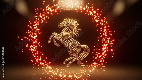 Wallpaper Mural Ornate golden equine sculpture, caught mid-rear, surrounded by a captivating swirl of shimmering amber lights, emanating a powerful and luxurious aura in a dramatic dark scene Torontodigital.ca