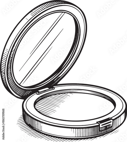 compact mirror Hand-drawn Sketch Drawing Vector Illustration, Line Linear Symbol Engraving Coloring Book, Black and White Isolated
