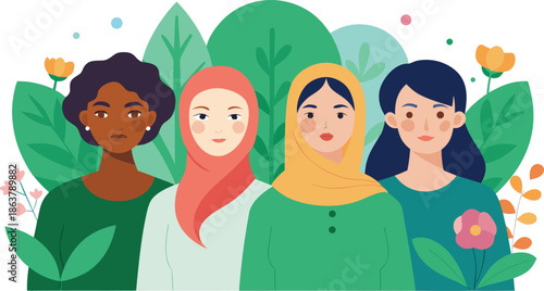 Diverse group of women in solidarity standing together in floral setting