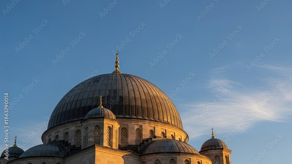 Fototapeta premium Grand architectural dome of a mosque against a clear blue sky, showcasing intricate design and religious significance