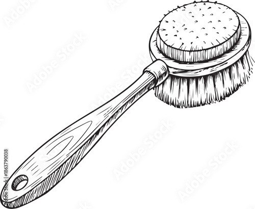 dry brushing body brush for cellulite Hand-drawn Sketch Drawing Vector Illustration, Line Linear Symbol Engraving Coloring Book, Black and White Isolated