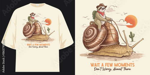 take it easy the slow rider a lazy sloth cowboy on a snail graphic apparel vintage t shirt design vector illustration artwork t shirt design vector illustration artwork 

