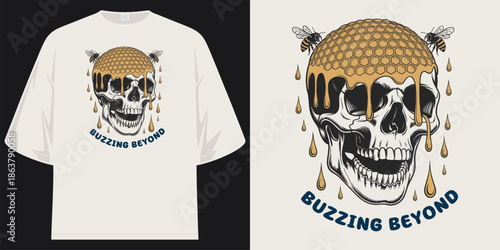 buzzing beyond skull honeycomb bees graphic apparel vintage t shirt design vector illustration artwork t shirt design vector illustration artwork
