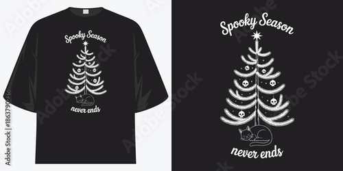 spooky season never ends goth christmas tree skulls cats graphic apparel t shirt design vector illustration artwork t shirt design vector illustration artwork

