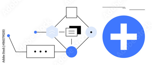 Flowchart with geometric shapes, connecting lines, and a bold plus symbol. Ideal for technology, healthcare, workflow management, innovation, process planning, data sharing simple flat metaphor