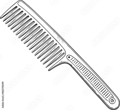 wide tooth comb for hair brushing Hand-drawn Sketch Drawing Vector Illustration, Line Linear Symbol Engraving Coloring Book, Black and White Isolated