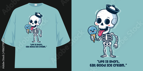 life is short eat good ice cream a simple reminder skeleton eating graphic t shirt design vector illustration artwork
