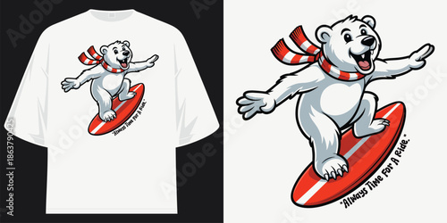 always time for a ride polar bear mascot surfing graphic apparel t shirt design vector illustration artwork
