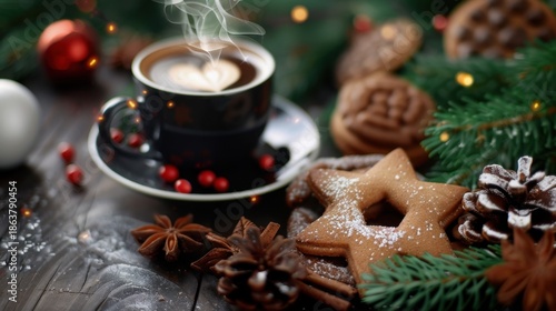 Cozy Winter Scene with Hot Coffee, Cookies, Pine Branches, and Festive Decorations for Holiday Vibes