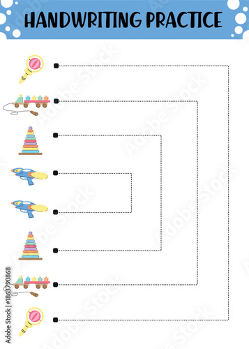 Handwriting Practice Sheet with Toy Matching Lines for Kids