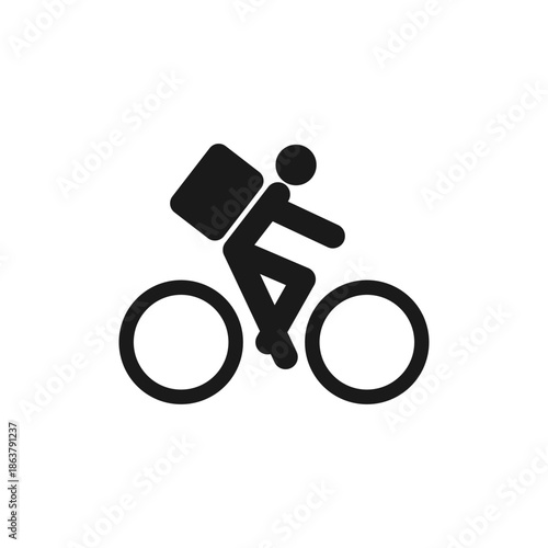 Bicycle delivery courier icon. Simple vector silhouette illustration of a person riding a bike with a large box or backpack.