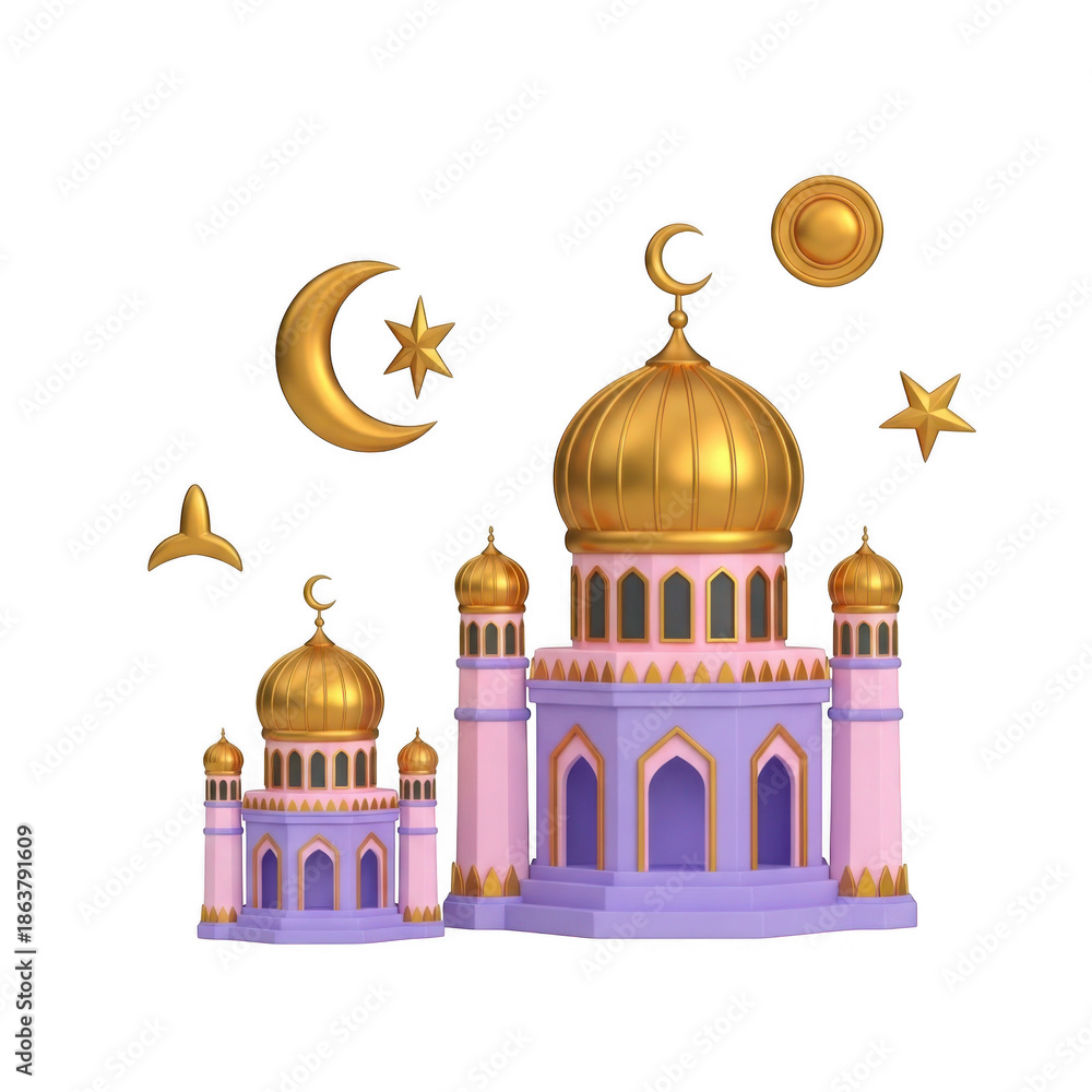 Obraz premium Illustrated mosque with celestial elements isolated on transparent background