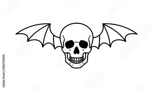 Gothic winged skull emblem bat wings medieval death symbol black white vector