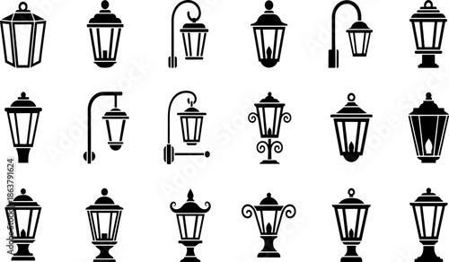 Professional Garden and Street Lantern Icons featuring Decorative Outdoor Lamps Classic Wall Lights and Traditional Post Lamp Silhouettes for Architecture Design