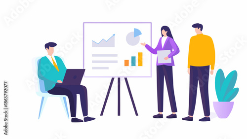 Business team analyzing data on presentation board in meeting