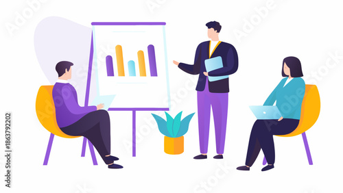 Business team collaborating on project with bar chart presentation