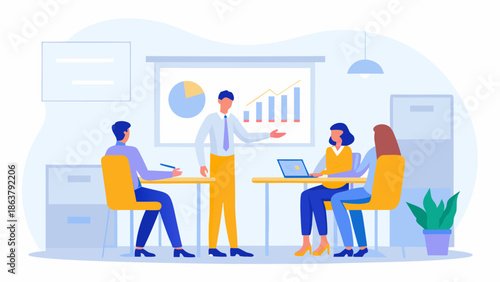 Business team discussing data in modern office setting