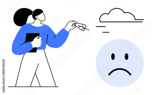 Post-pandemic concept. A woman discards a face mask while a sad face and cloud symbolize societal challenges. Post-pandemic adjustments for health, lifestyle, emotions, and behavior awareness