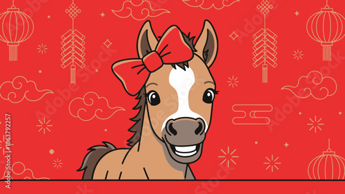 cute horse with red bow on chinese new year background