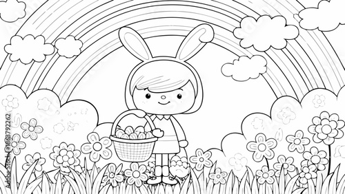 Little girl in bunny ears holding Easter eggs under rainbow