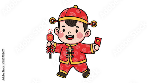 happy chinese boy in traditional costume holding red envelope