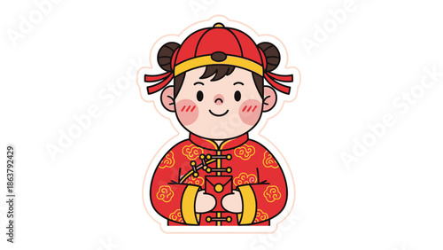 Chinese New Year Girl in Traditional Costume Holding Red Envelope