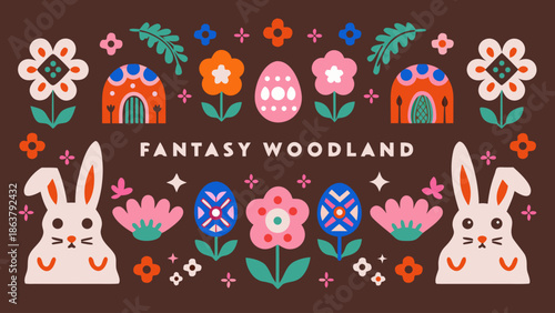 Whimsical fantasy woodland scene with bunnies and flowers