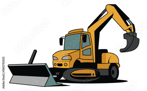 Yellow excavator with front loader and tracked base, ready for construction work
