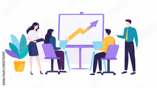 Business team analyzing growth chart in modern office setting