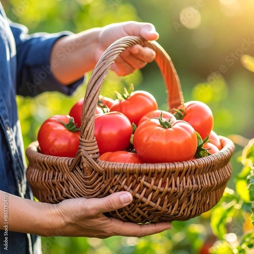 A person holds a woven basket overflowing with ripe, red tomatoes in a sunlit garden. Hands grasp the handle