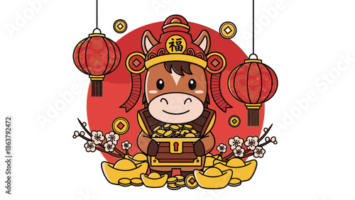 chinese new year cow cartoon character with gold coins