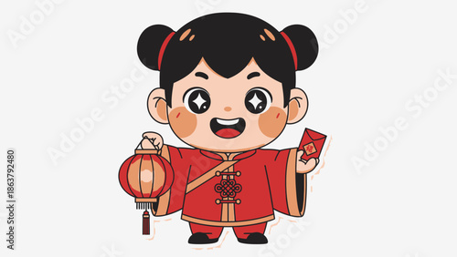 chinese girl holding lantern and red envelope