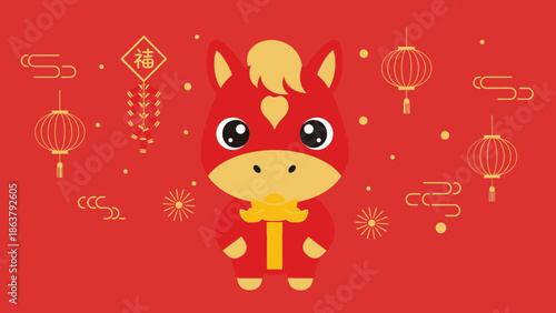 Chinese zodiac ox cartoon character with lanterns