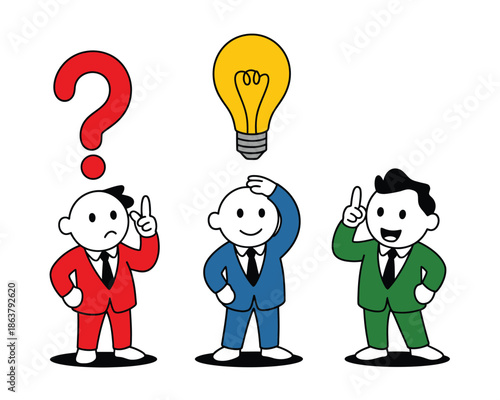 Three business people with a question mark and a bright idea lightbulb symbolizing problem solving and innovation.