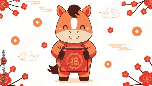 chinese zodiac horse holding fu bag