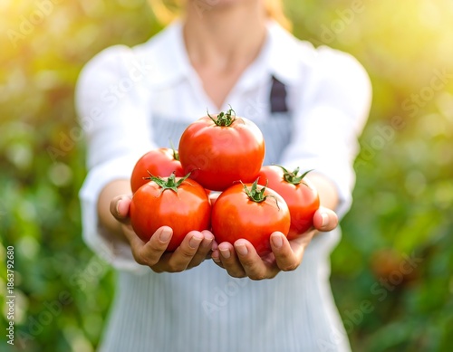 A person holds out a handful of ripe red fruit. The shot is close, showing the fruits and hands clearly, bathed in sunlight