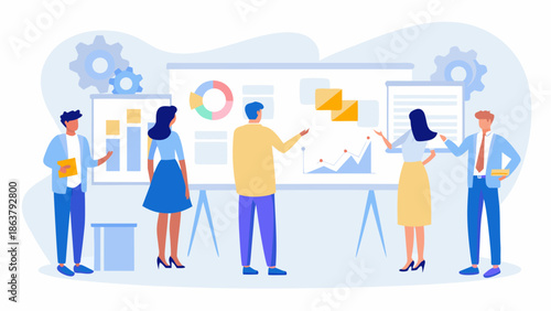 Business team collaborating on project with charts and graphs