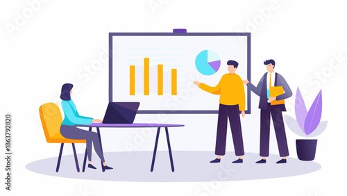 Business team analyzing data on whiteboard in modern office