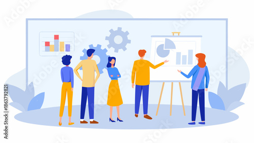 Business team collaborating on data analysis in modern meeting