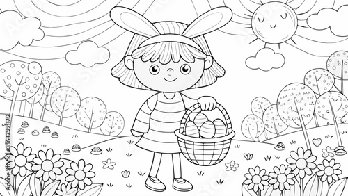Little girl in bunny ears collecting Easter eggs in sunny garden