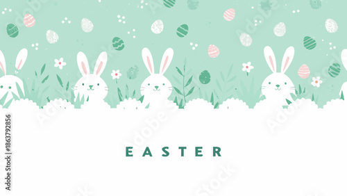 Adorable Easter bunnies in green springtime scene