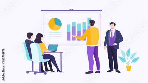 Business team analyzing data on whiteboard in modern office setting