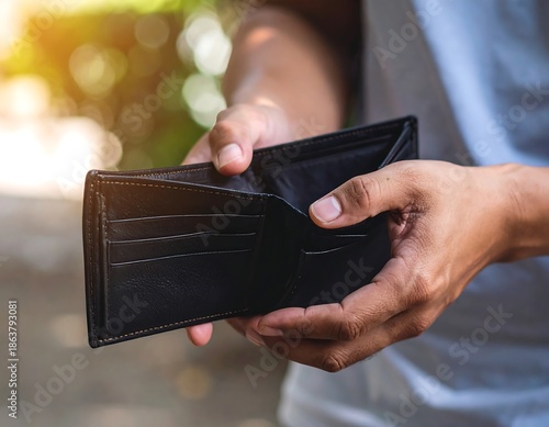 A person holds up an empty wallet, indicating financial difficulties. The focus is on hands, wallet, and a blurred green background