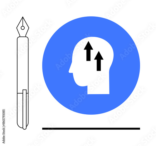 Creative thinking concept. Creative thinking ed by a pen and head filled with upward arrows. Creative thinking promoting ideas, innovation, and brainstorming. For creativity, education, innovation