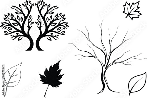 Silhouette of trees and leaves in various shapes and sizes